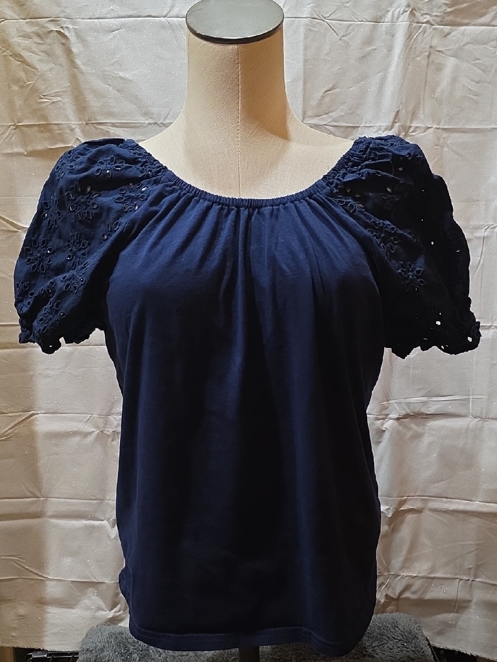 J. Crew Navy Puff-Sleeve Eyelet Knit Top